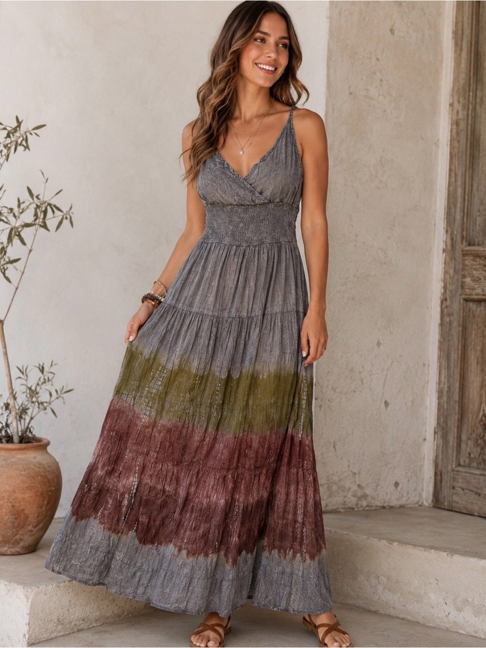 Earthbound Trading Co Gray Cotton Boho Maxi SunDress XL Crinkle Tie Dye Granola